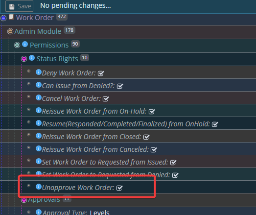 Shows setting the ability to unapprove a work order