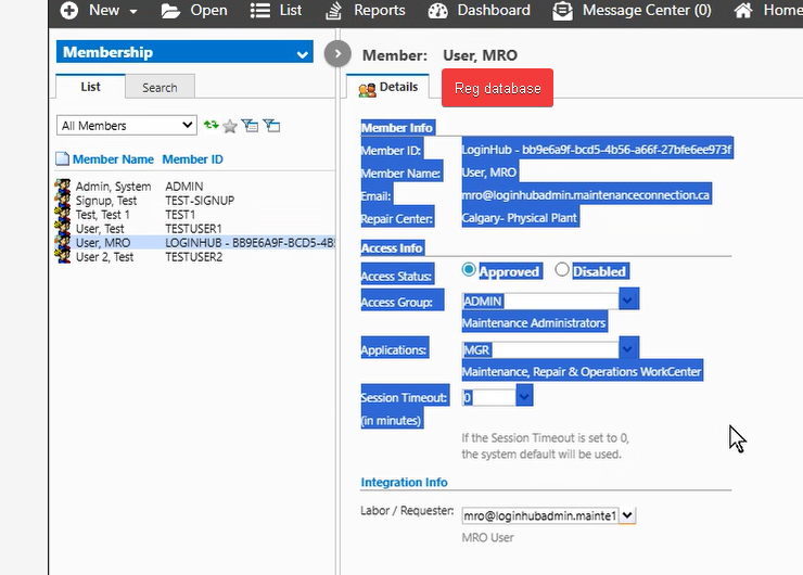 Shows the LoginHub created user chosen with it's details