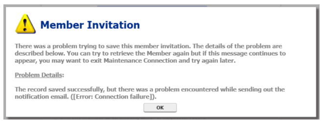 Shows Member initiation email connection failure