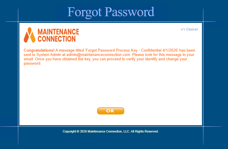 Shows success message when forgot password was sent to your System admin.