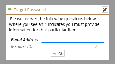 Shows standard request for email and optionally Member ID to change password.