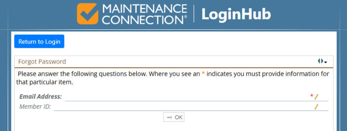 Shows email and member ID questions, the member ID is optional if the same email address is only used for one login user (this would be the normal case)