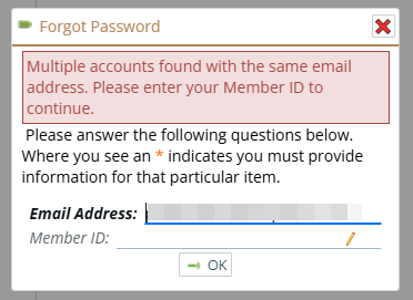 Prompting when the email address you entered requires a Member ID because 2 or more users share this email address.