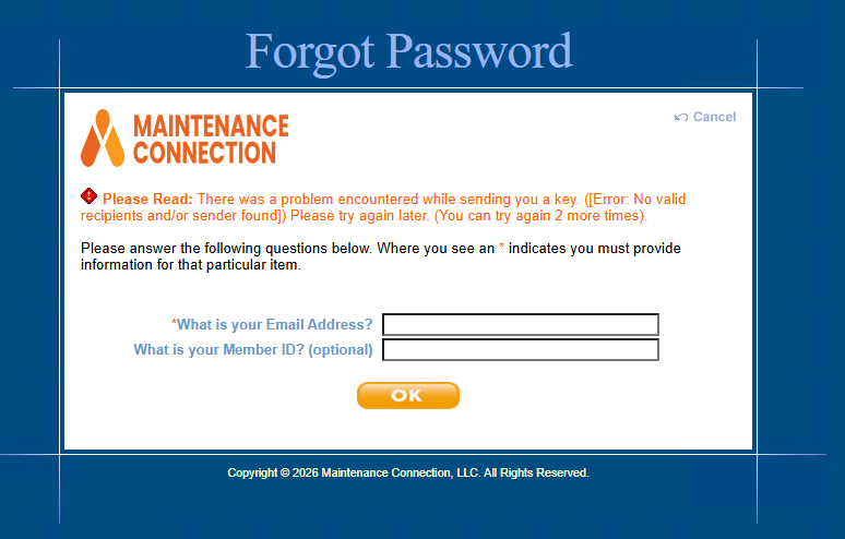 Shows error trying to set new password