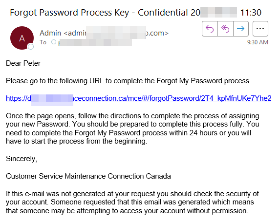 Shows sample email sent with 24 hour link to change your password.