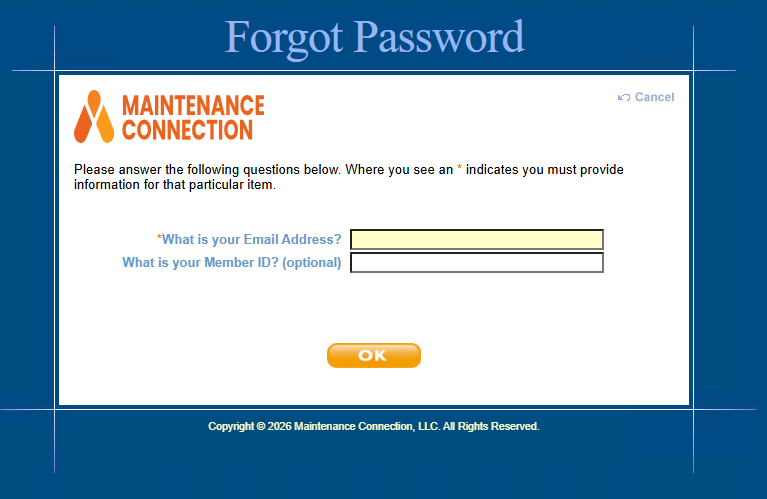 Entering information to get a new password
