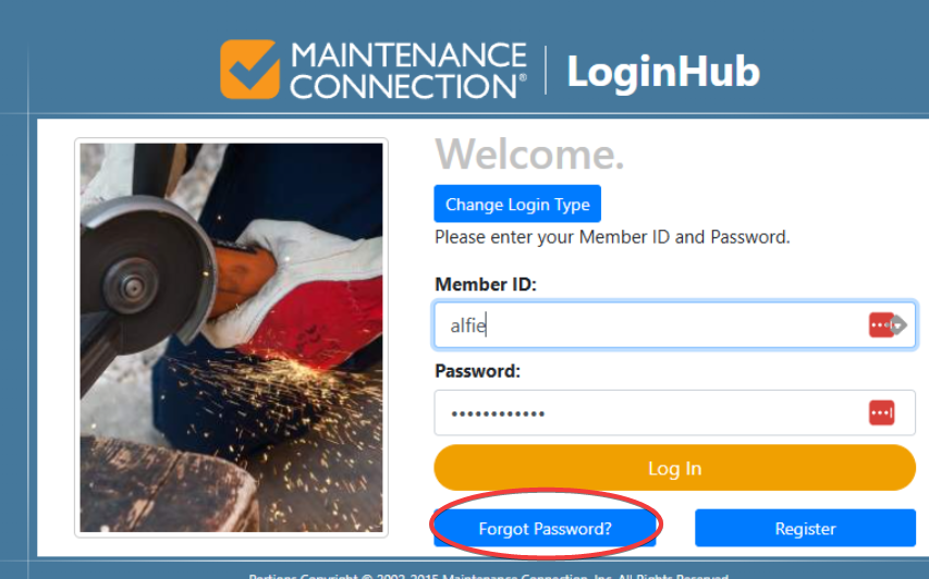 Shows MCe LoginHub for changing password