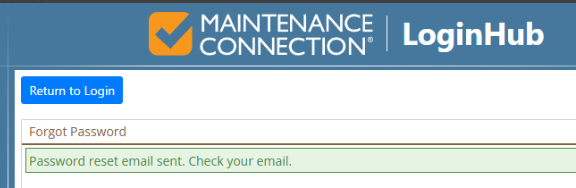 Shows message after password reset was sent to the email address.