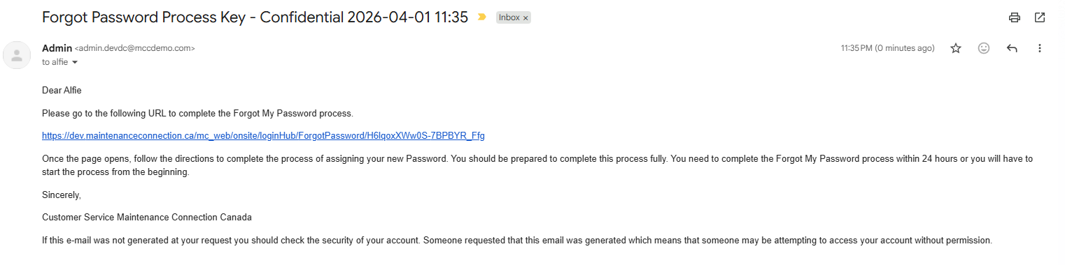 Shows a default email (with fake email address) sent with 24 hour link to reset password.