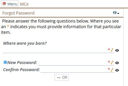 Shows sample challenge question required for resetting your password.