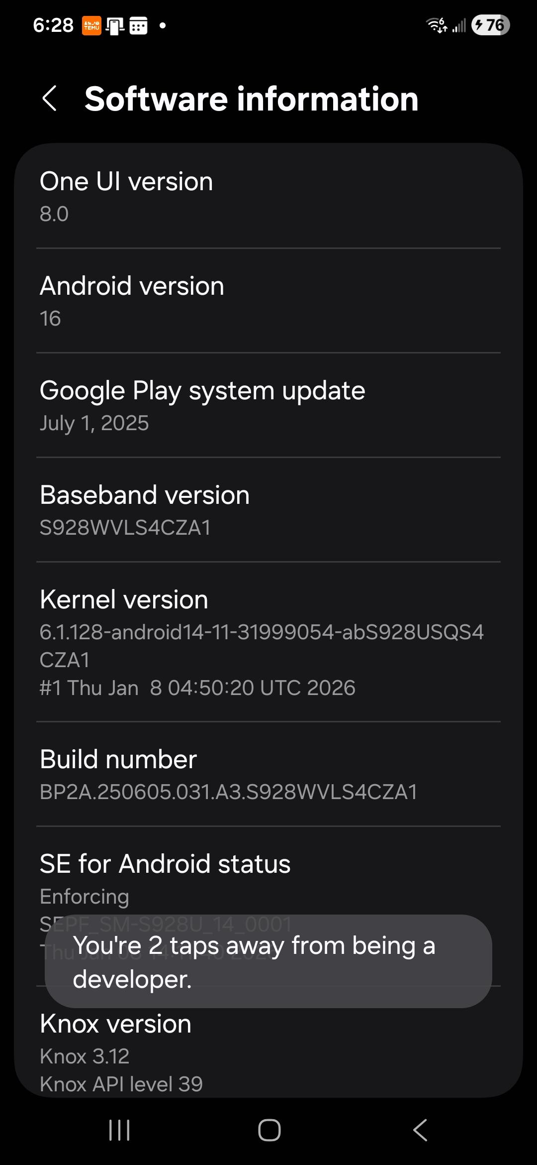 Shows where to tap to get into developer mode, becoming a developer