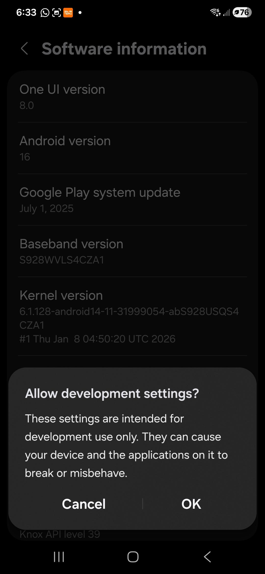 Shows the confirmation screen you need to click on OK to become a developer