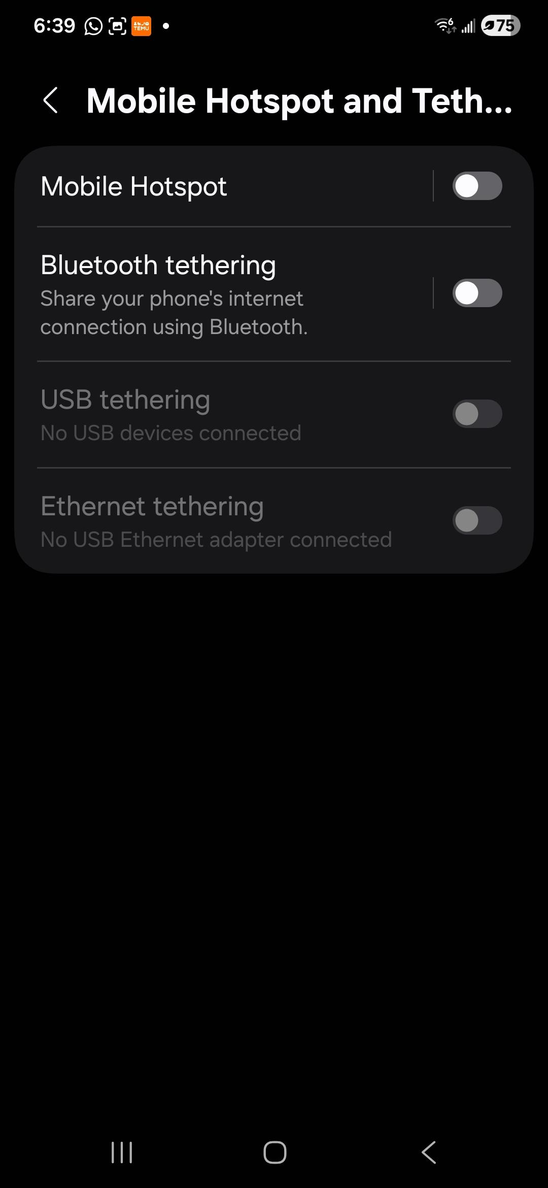 Shows mobile hotspot and tethering
