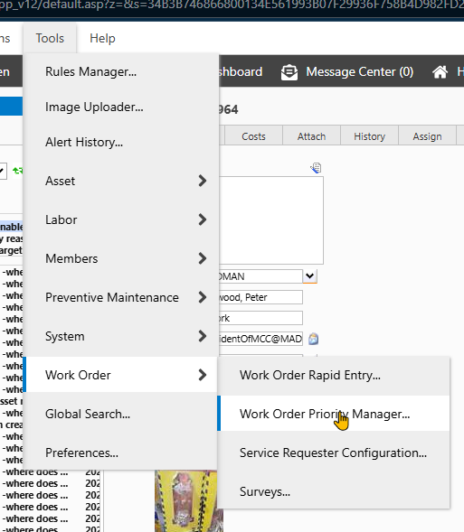 Shows selecting Work Order Priority Manager