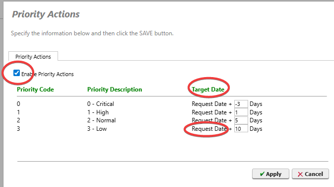 Shows enabling priority actions with request (which is actually target) date offset