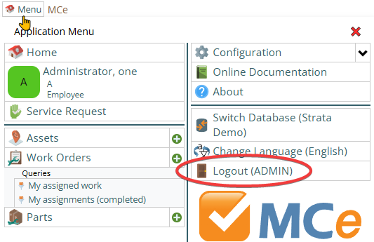 Shows on a screen with 2 columns in the menu, how to initiate a logout
