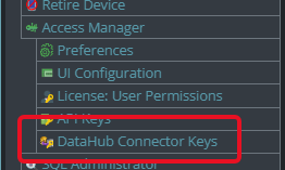 Shows DataHub connector keys button from main menu