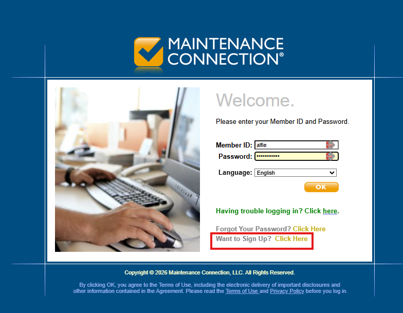 Shows where to sign up from the Accruent MC login screen