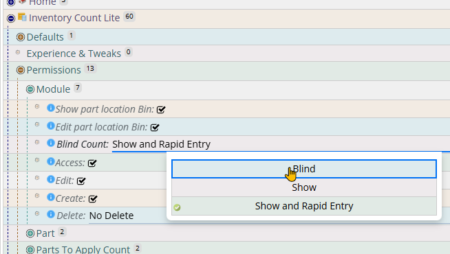 Shows setting inventory count to blind or one of the other options