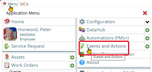 Shows choosing Events and Actions from menu