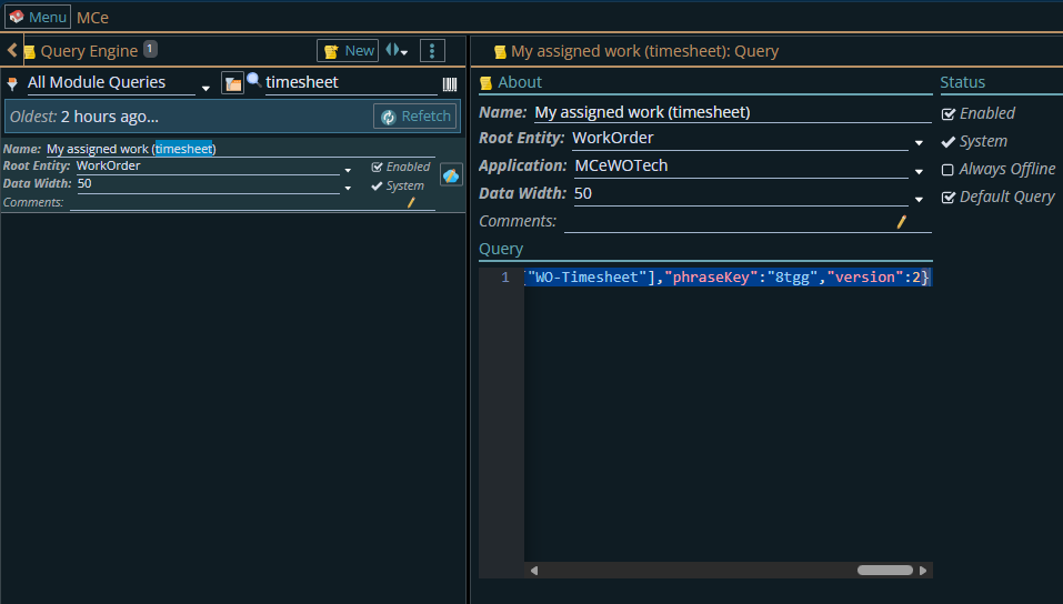 Shows default rows returned query for timesheet