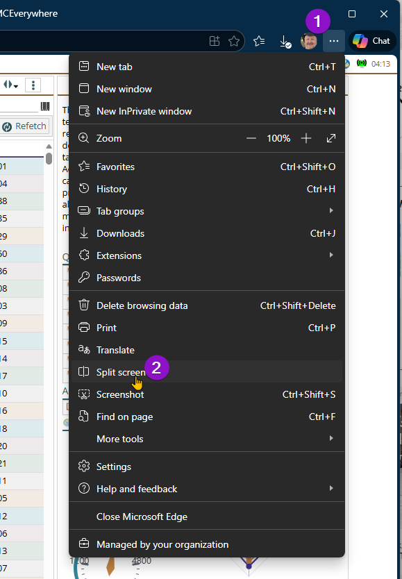 Shows setting up split screen in MS Edge browser