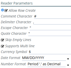 Shows CSV reader parameters