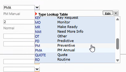 Shows a possible list of Lookup values for Work Order type.