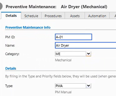 Shows that you selected PMA as your Work Order Type