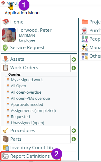 Shows how to get to the report definitions module