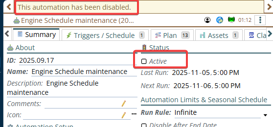 Shows that the automation (PM in this case) is not active, it isn't creating work orders.