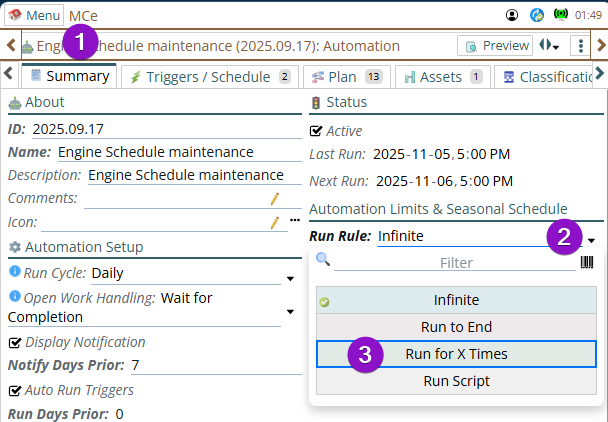 If there is a max number of times the automation will run, then if it has reached that limit for this asset, this automation will stop creating for this asset.