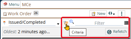 Shows the criteria, quick filter and barcode reader