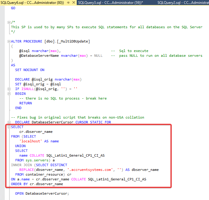 Shows the stored procedure with our fix