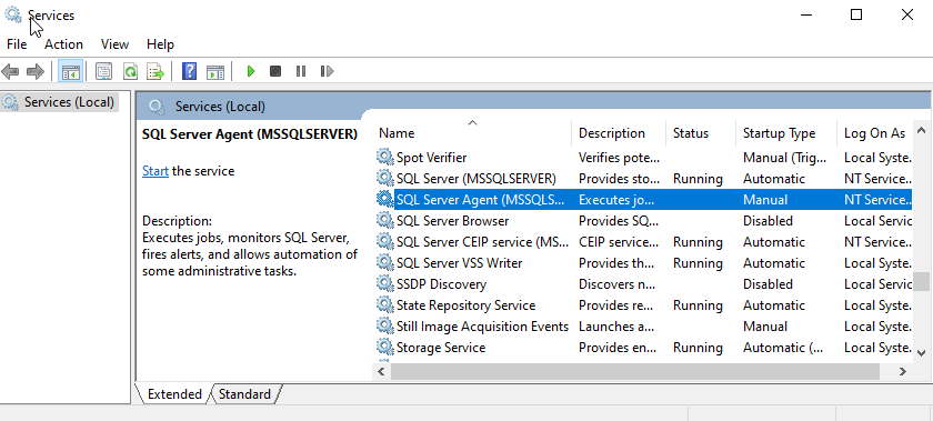 Shows SQL Server agent on manual