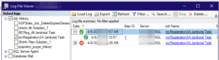 shows the same server after the problem has been fixed, note the top two lines have a green circle with checkmark