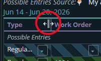 Shows placement of cursor to change column width