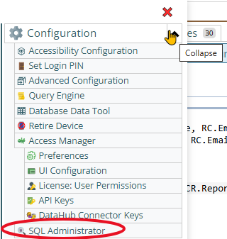Shows the SQL Administrator tool directly from the main menu