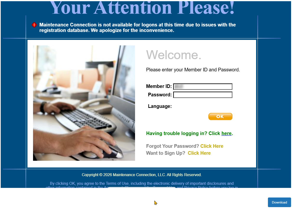 Shows screen when the application IIS is running, but the registration database can't be reached by the server.
