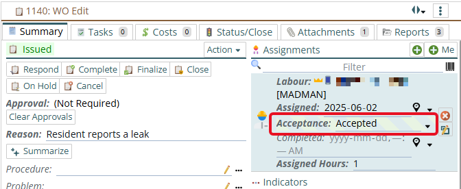 Shows accepting or rejecting a work order