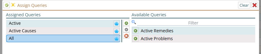 Shows queries assigned and available but not assigned. Note that "all" in this context is the name of a query