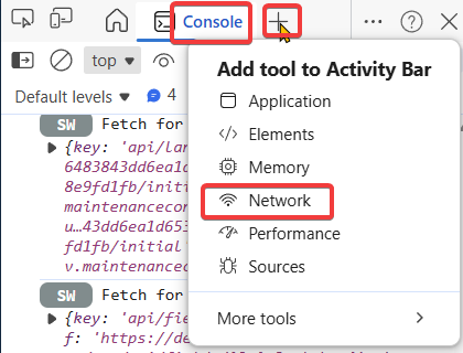 shows the console and network tabs and how to access