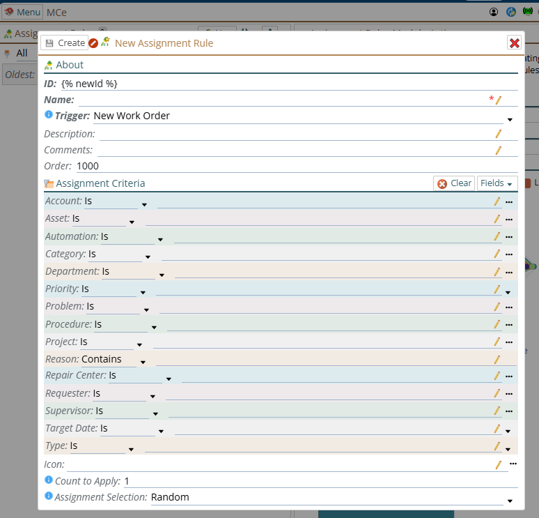 Shows default new assignment rule dialog
