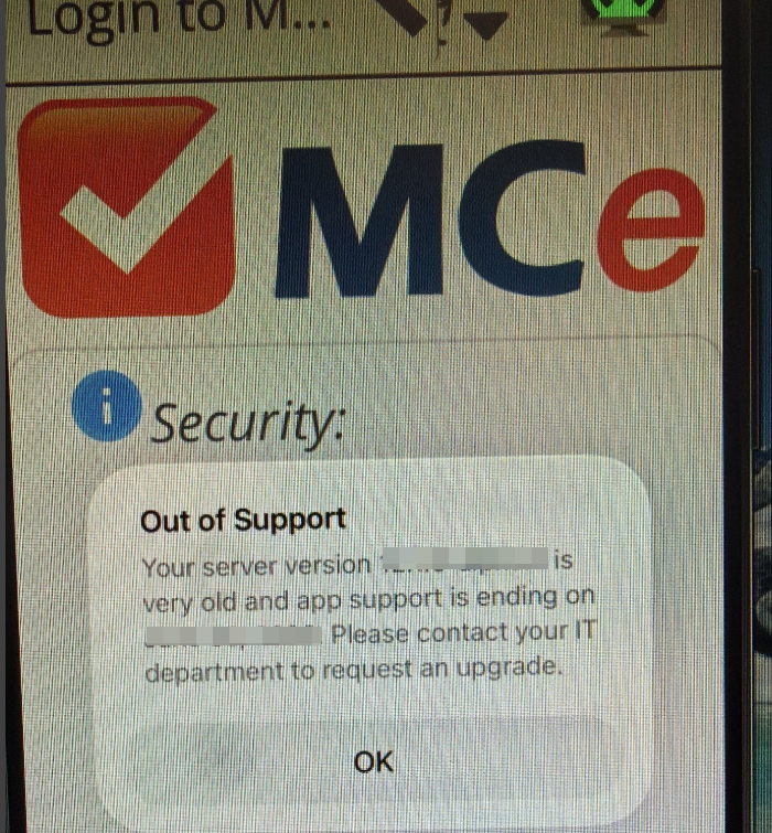 Shows server version of MCe is old, out of support