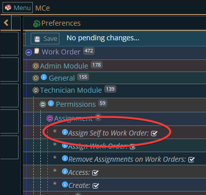 Shows setting access to Assign WO to self
