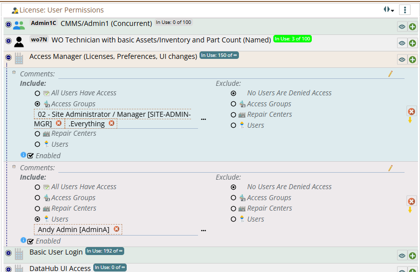 Shows assigning rights to the license to several access groups and one specific person