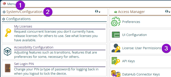 Shows getting to the License: User Permissions