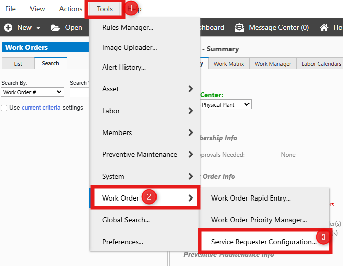 Shows how to get to MC Service Requester Configuration page