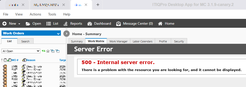 Shows 500 Internal server error on Work Matrix