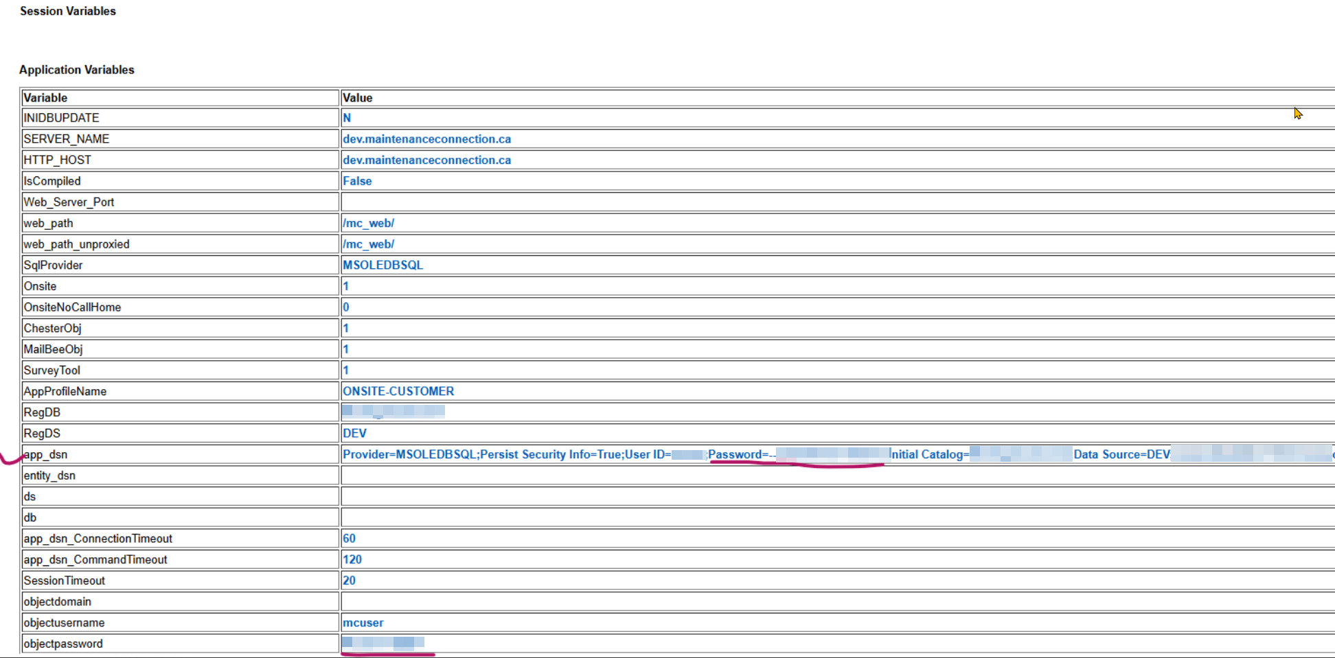 Shows the application variables using the Accruent diagnostic tool